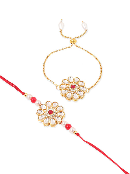 NVR Set of 2 Gold Toned Kundan Studded Floral Design Bhaiya Bhabhi Rakhi Set with Roli Chawal Chandan & Mishri