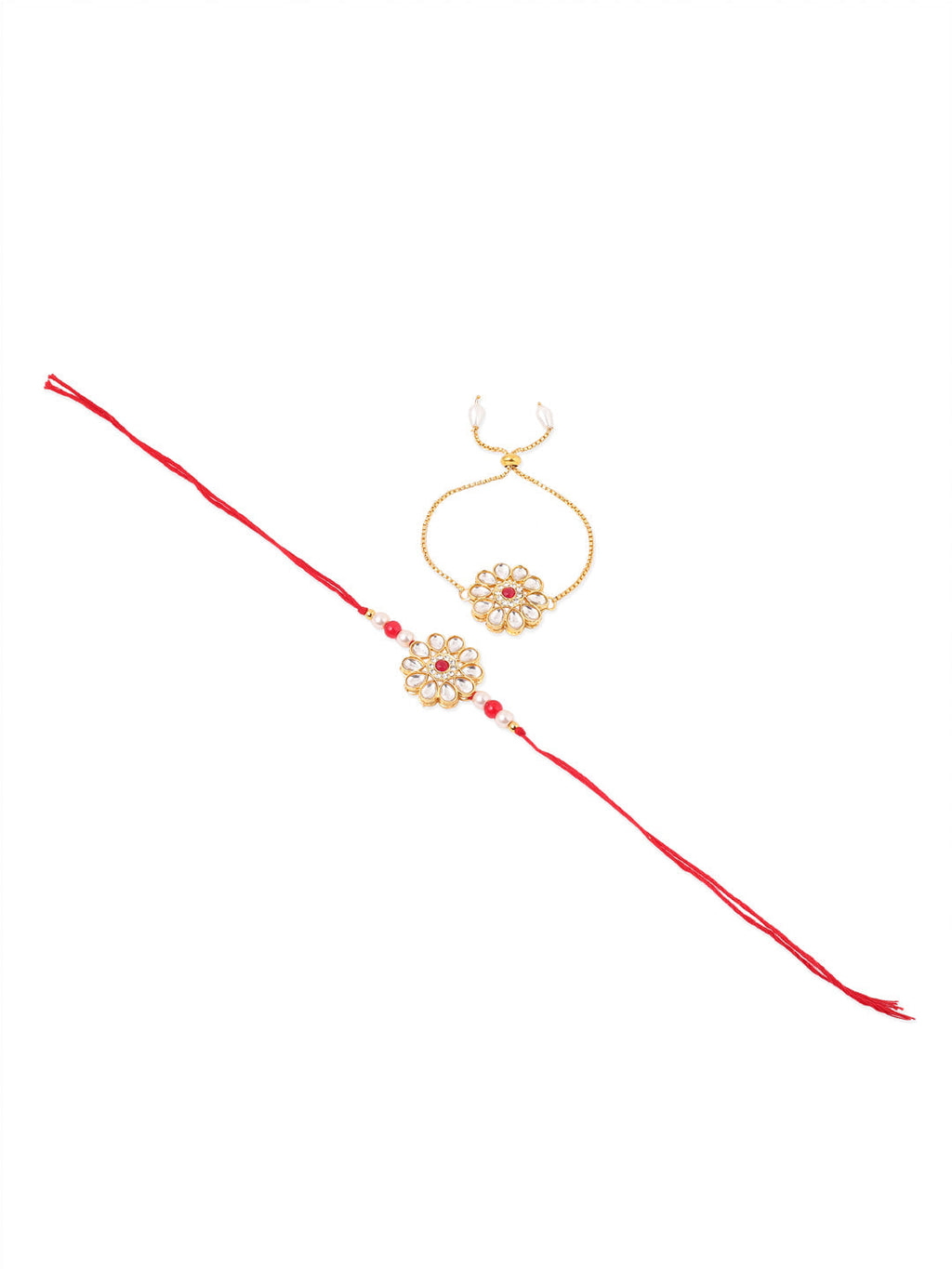 NVR Set of 2 Gold Toned Kundan Studded Floral Design Bhaiya Bhabhi Rakhi Set with Roli Chawal Chandan & Mishri - Distacart