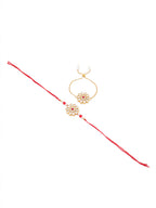 NVR Set of 2 Gold Toned Kundan Studded Floral Design Bhaiya Bhabhi Rakhi Set with Roli Chawal Chandan & Mishri - Distacart