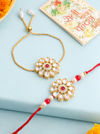 NVR Set of 2 Gold Toned Kundan Studded Floral Design Bhaiya Bhabhi Rakhi Set with Roli Chawal Chandan & Mishri - Distacart