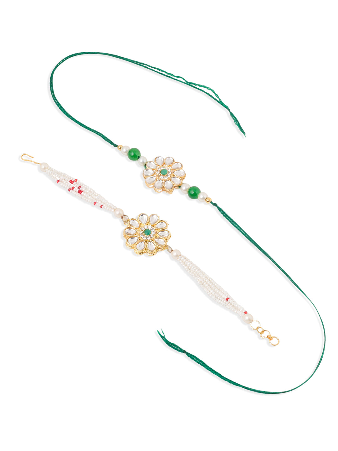 NVR Set of 2 Kundan Studded Floral Design Gold Toned Bhaiya Bhabhi Rakhi Set with Roli Chawal Chandan & Mishri - Distacart