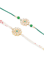 NVR Set of 2 Kundan Studded Floral Design Gold Toned Bhaiya Bhabhi Rakhi Set with Roli Chawal Chandan & Mishri - Distacart