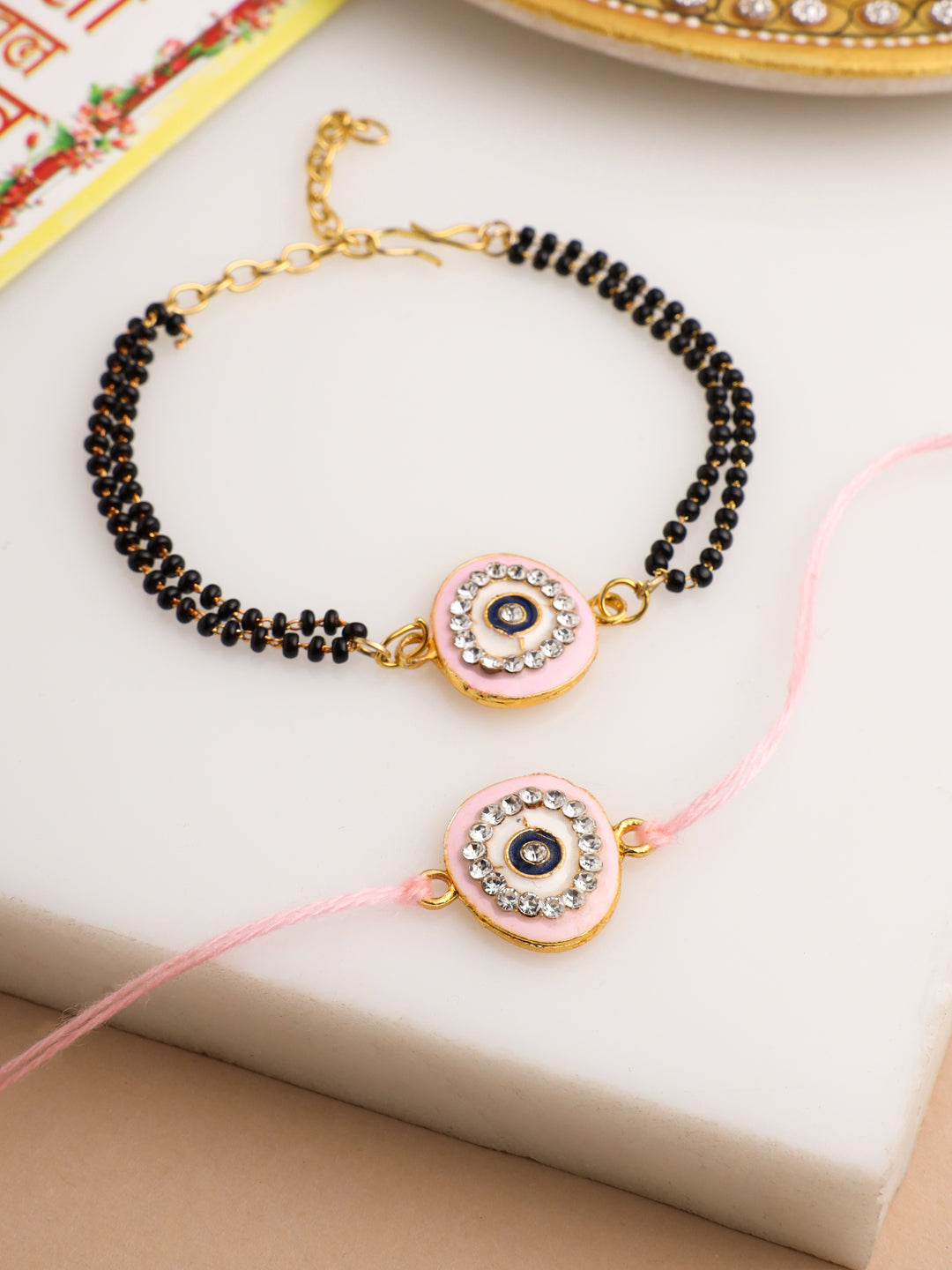 NVR Set of 2 Pink Round Shape Artificial Stones Bhaiya Bhabhi Rakhi with Roli Chawal Chandan & Mishri - Distacart