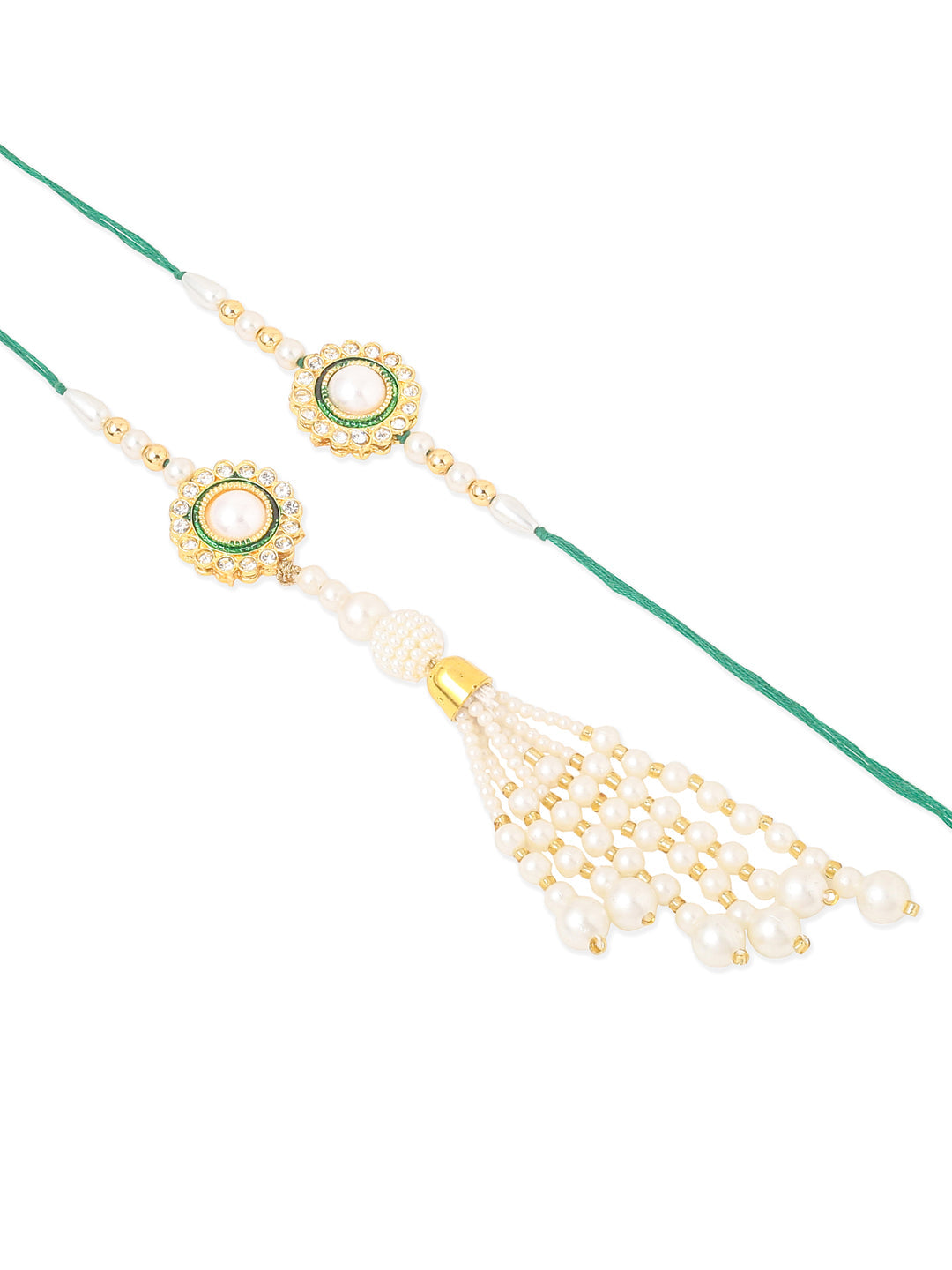 NVR Set of 2 White & Green Stone Studded Handcrafted Bhaiya Bhabhi Thread Rakhi Combo - Distacart