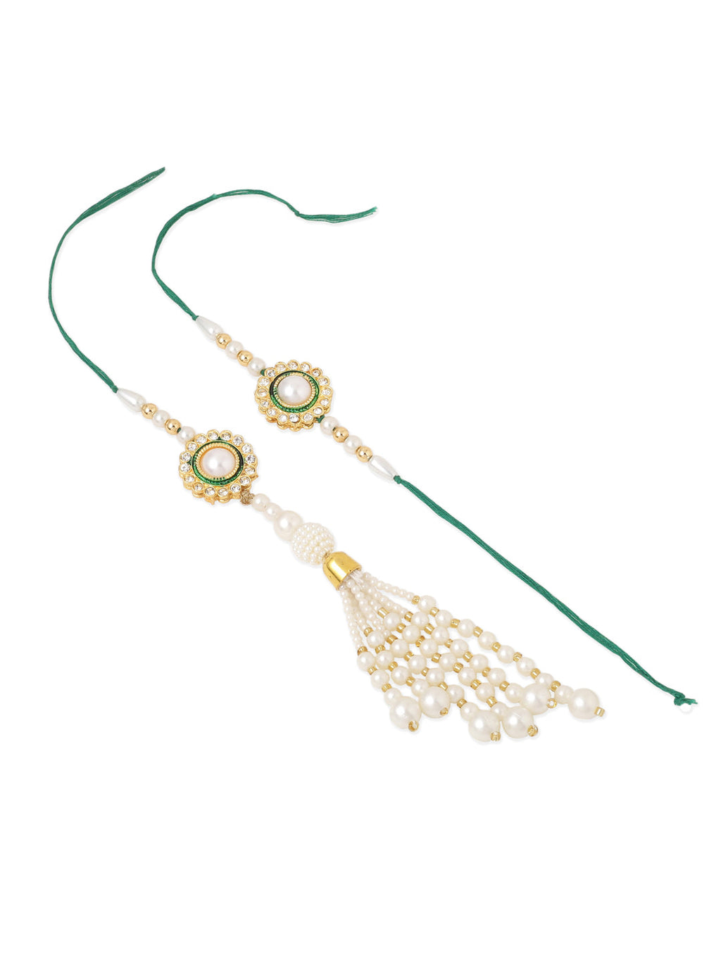 NVR Set of 2 White & Green Stone Studded Handcrafted Bhaiya Bhabhi Thread Rakhi Combo - Distacart