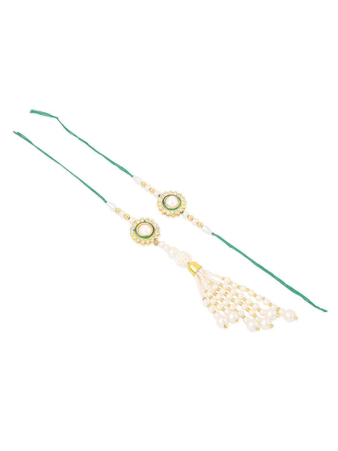 NVR Set of 2 White & Green Stone Studded Handcrafted Bhaiya Bhabhi Thread Rakhi Combo - Distacart
