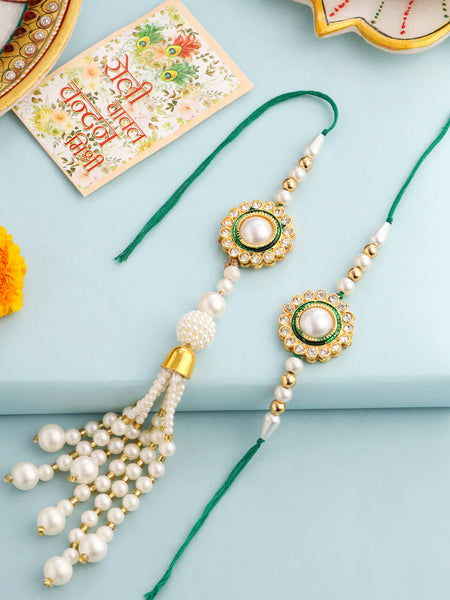 NVR Set of 2 White & Green Stone Studded Handcrafted Bhaiya Bhabhi Thread Rakhi with Roli Chawal Chandan & Mishri