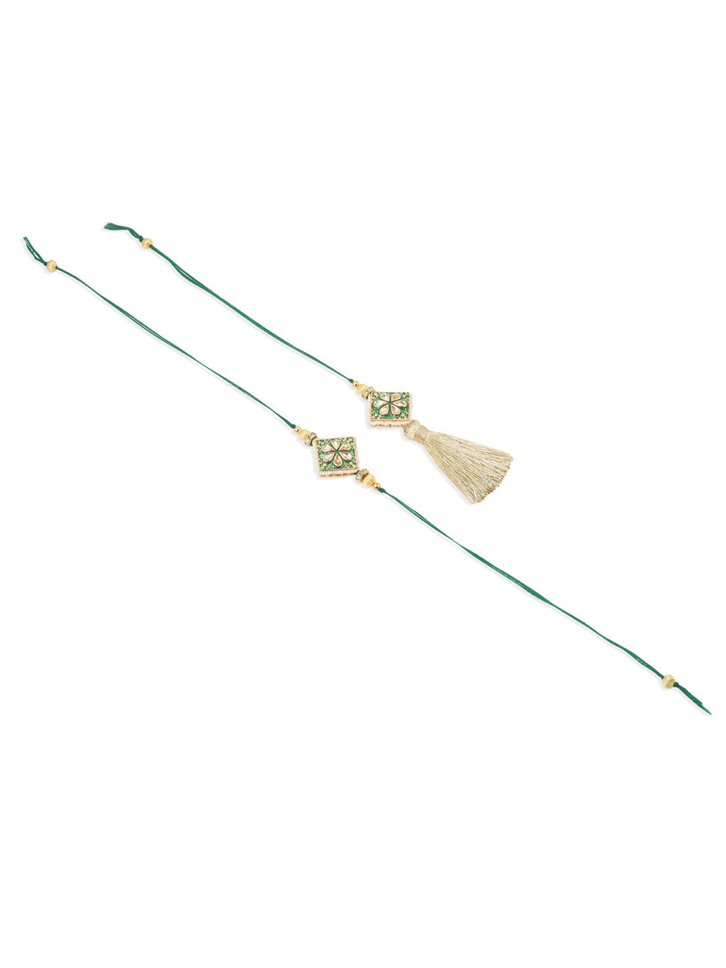 NVR Set of 2 Handmade Green Kundan Studded Bhaiya Bhabhi Rakhi Set with Roli Chawal Chandan & Mishri - Distacart