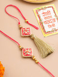 NVR Set of 2 Handmade Pink Kundan Studded Bhaiya Bhabhi Rakhi Set with Roli Chawal Chandan & Mishri - Distacart