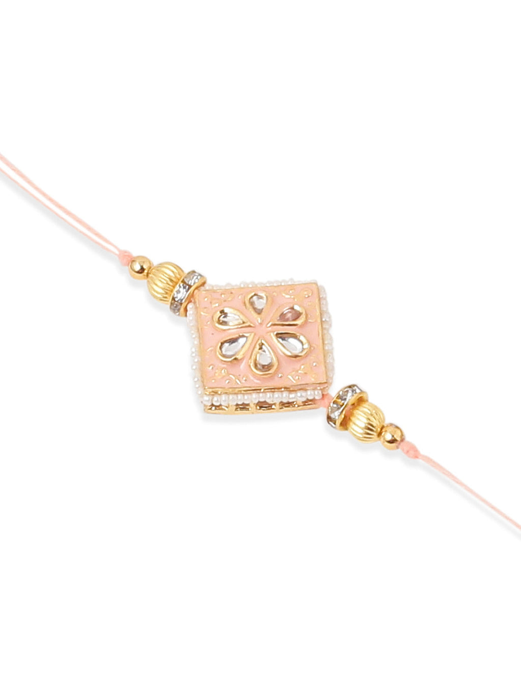 NVR Set of 2 Handmade Peach Kundan Studded Bhaiya Bhabhi Rakhi Set with Roli Chawal Chandan & Mishri - Distacart