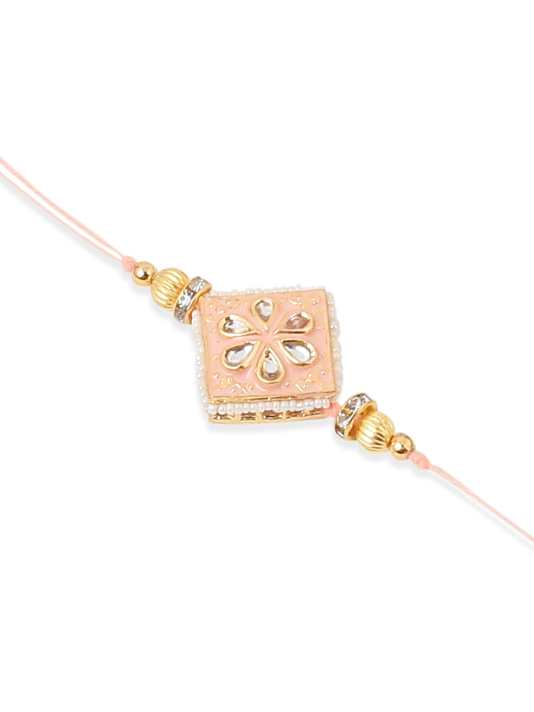 NVR Set of 2 Handmade Peach Kundan Studded Bhaiya Bhabhi Rakhi Set with Roli Chawal Chandan & Mishri - Distacart
