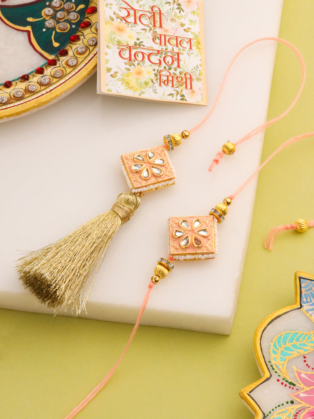 NVR Set of 2 Handmade Peach Kundan Studded Bhaiya Bhabhi Rakhi Set with Roli Chawal Chandan & Mishri - Distacart