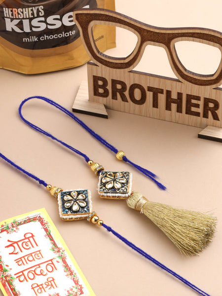 NVR Set of 2 Handmade Blue Kundan Studded Bhaiya Bhabhi Rakhi Set, Combo for Rakshabandhan