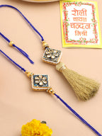 NVR Set of 2 Handmade Blue Kundan Studded Bhaiya Bhabhi Rakhi Set with Roli Chawal Chandan & Mishri - Distacart