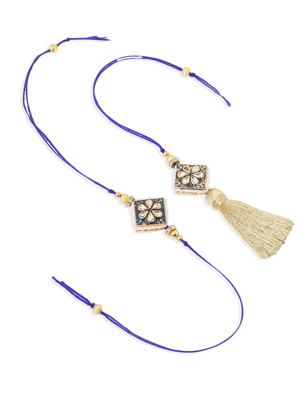 NVR Set of 2 Handmade Blue Kundan Studded Bhaiya Bhabhi Rakhi Set with Roli Chawal Chandan & Mishri - Distacart