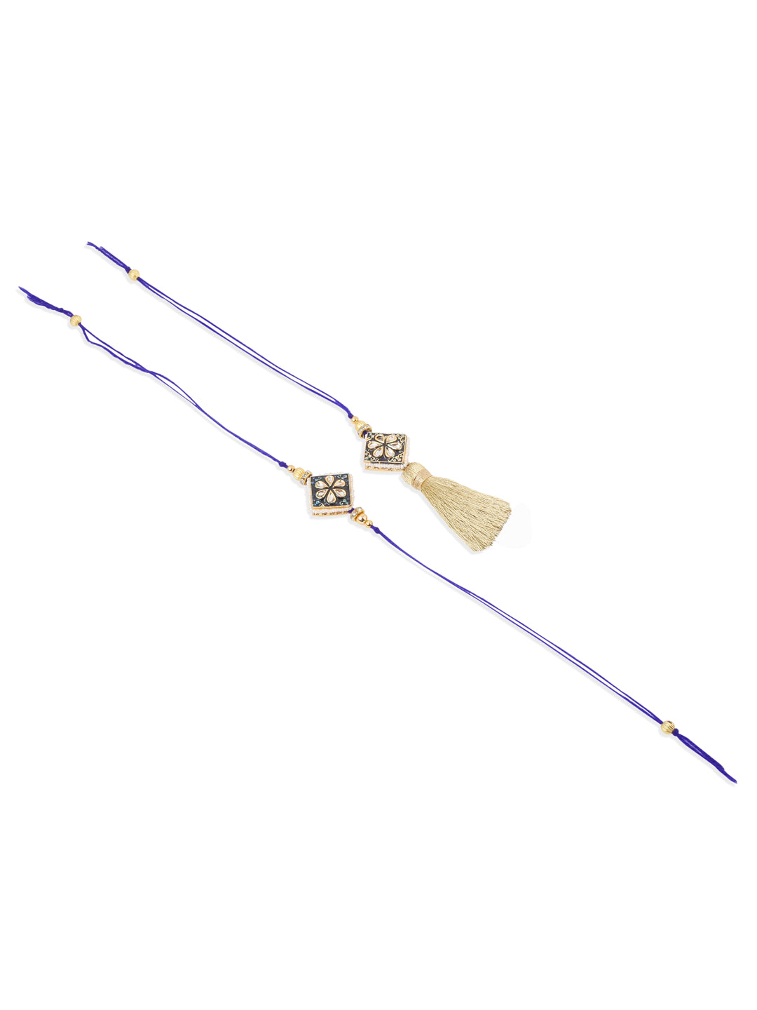NVR Set of 2 Handmade Blue Kundan Studded Bhaiya Bhabhi Rakhi Set with Roli Chawal Chandan & Mishri - Distacart