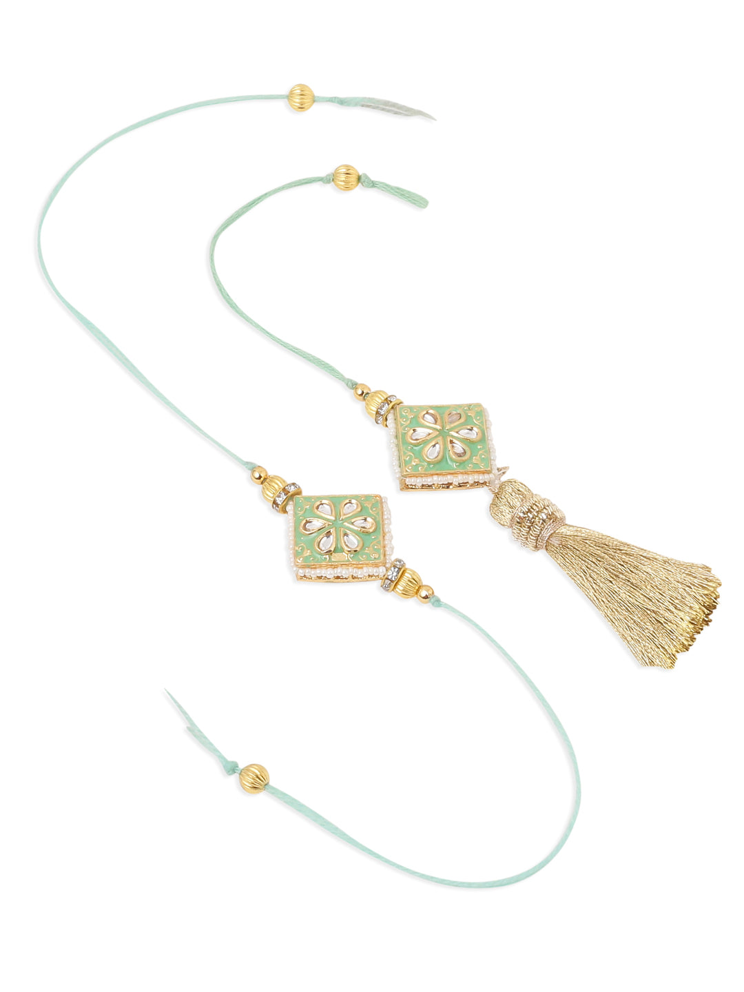 NVR Set of 2 Handmade Sea Green Kundan Studded Bhaiya Bhabhi Rakhi Combo - Distacart
