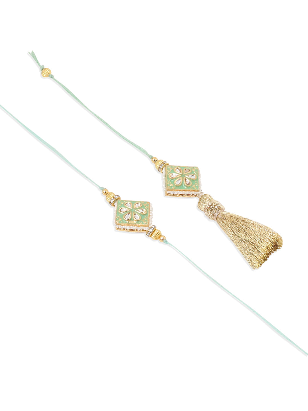 NVR Set of 2 Handmade Sea Green Kundan Studded Bhaiya Bhabhi Rakhi Set with Roli Chawal Chandan & Mishri - Distacart