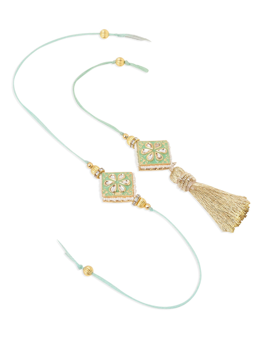 NVR Set of 2 Handmade Sea Green Kundan Studded Bhaiya Bhabhi Rakhi Set with Roli Chawal Chandan & Mishri - Distacart