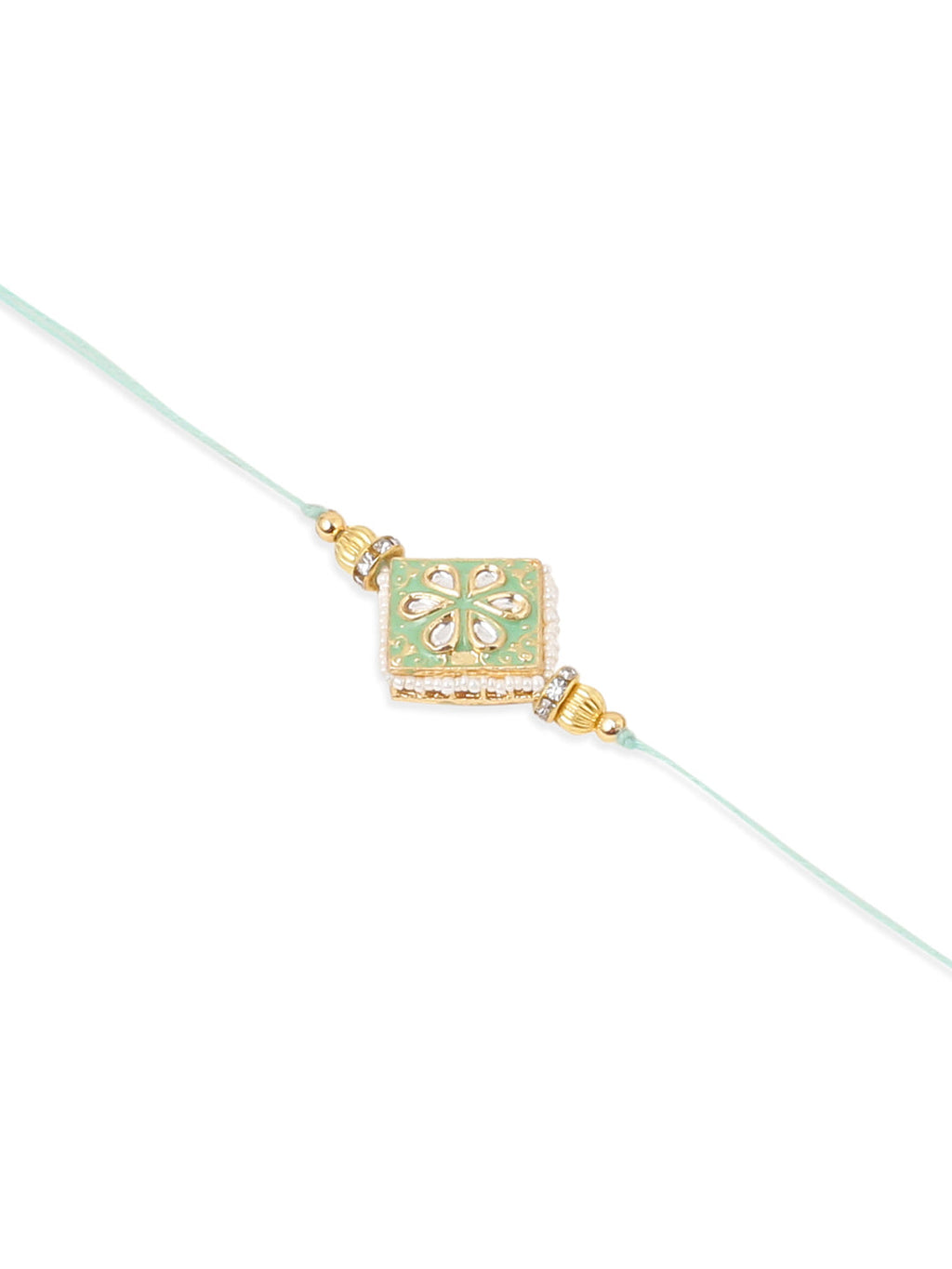 NVR Set of 2 Handmade Sea Green Kundan Studded Bhaiya Bhabhi Rakhi Set with Roli Chawal Chandan & Mishri - Distacart