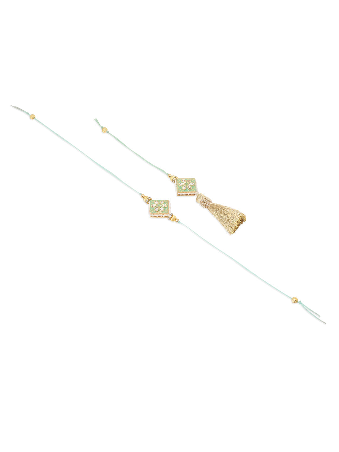 NVR Set of 2 Handmade Sea Green Kundan Studded Bhaiya Bhabhi Rakhi Set with Roli Chawal Chandan & Mishri - Distacart