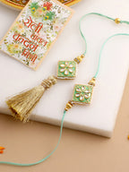 NVR Set of 2 Handmade Sea Green Kundan Studded Bhaiya Bhabhi Rakhi Set with Roli Chawal Chandan & Mishri - Distacart