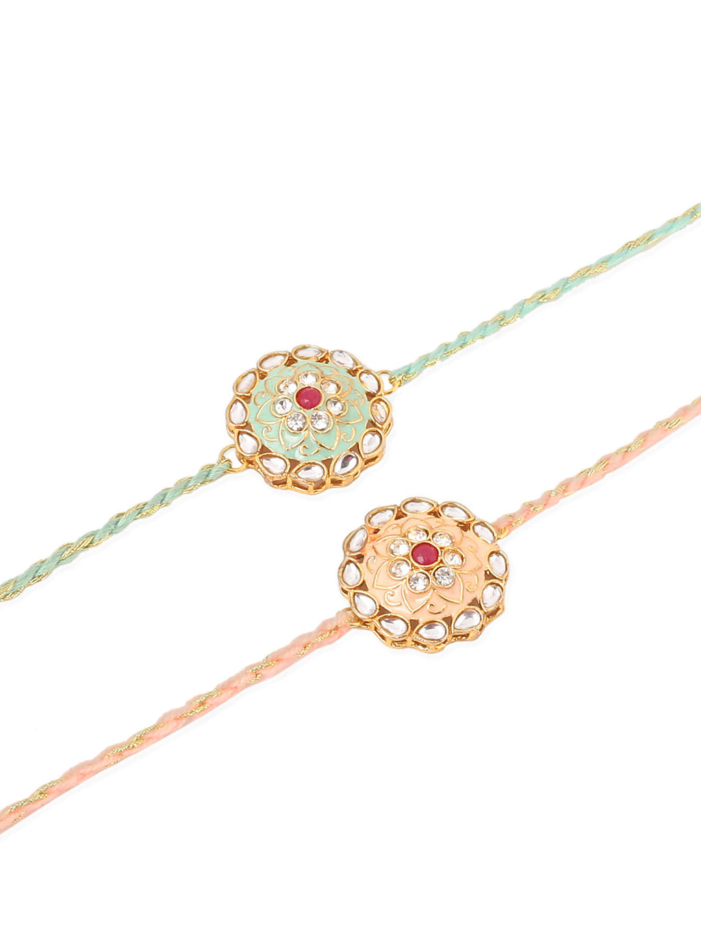 NVR Men Set of 2 Peach & Green Kundan Studded Round Floral Design Rakhi Combo - Distacart