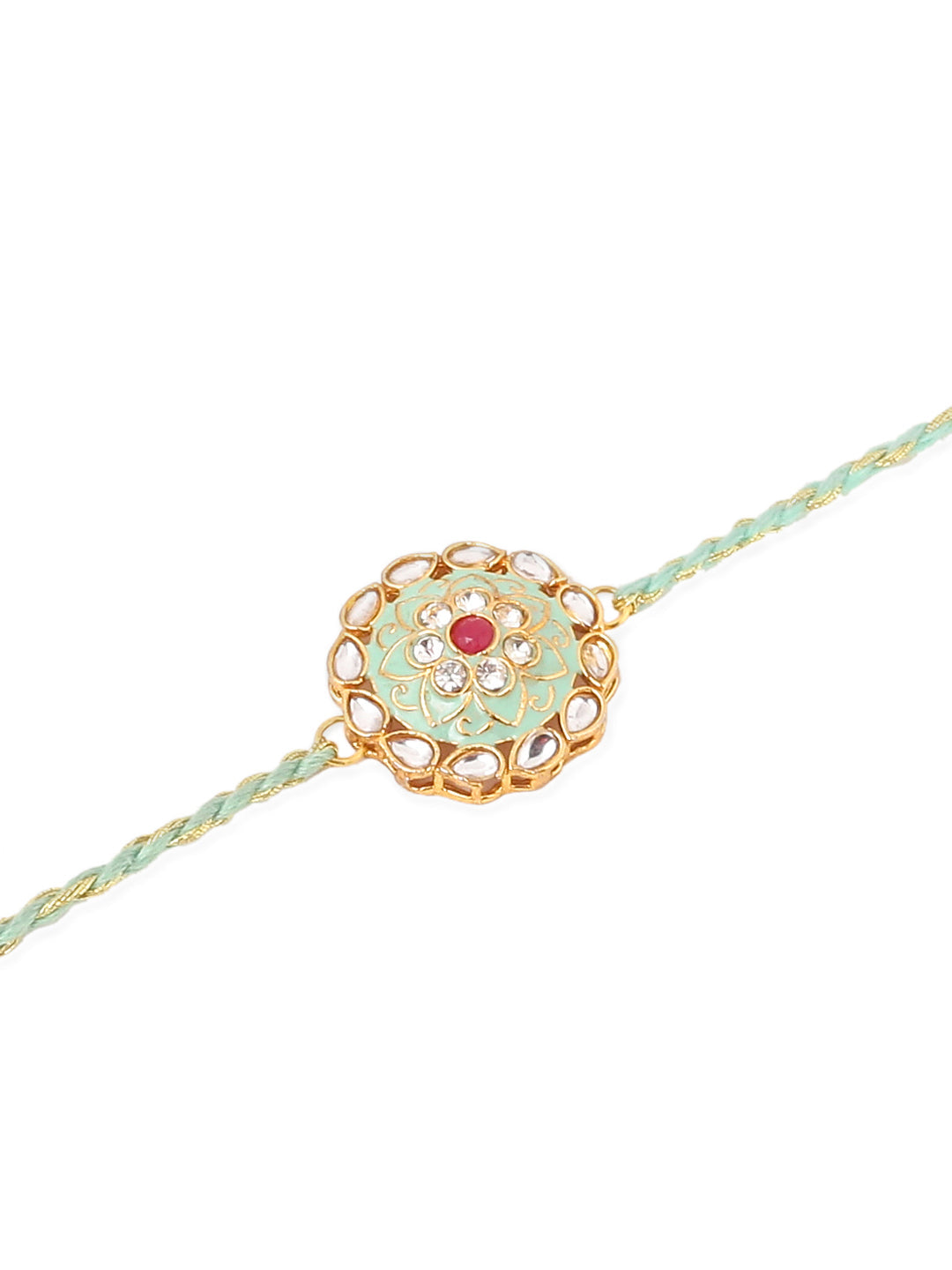 NVR Men Set of 2 Peach & Green Kundan Studded Round Floral Design Rakhi Combo - Distacart