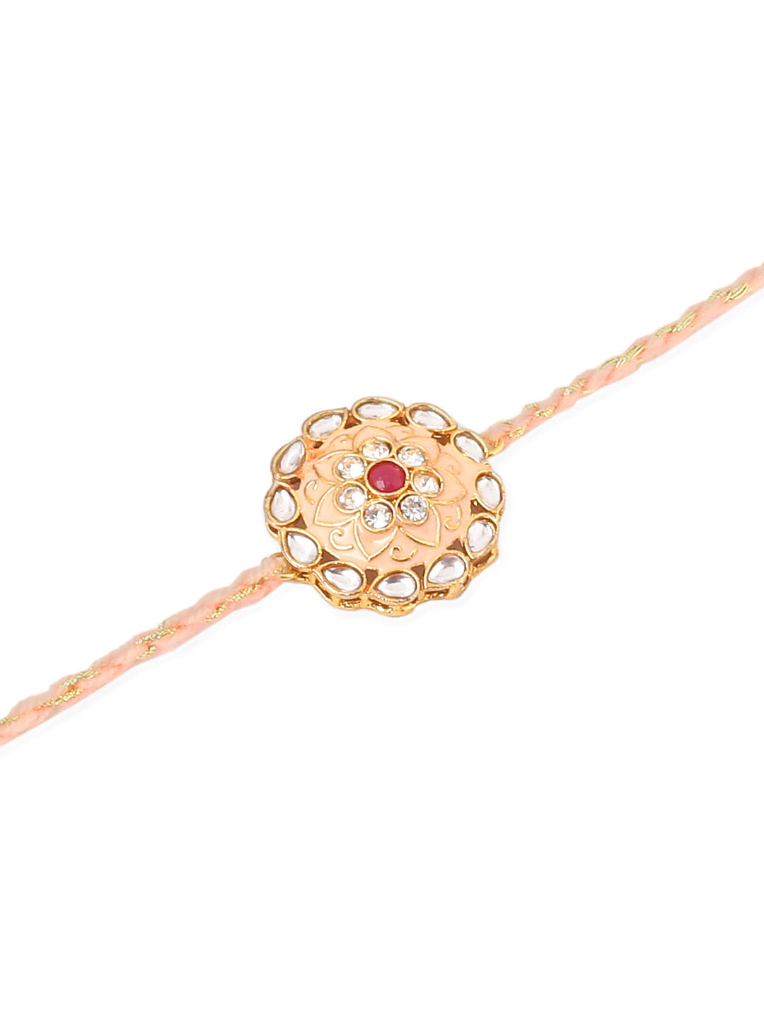 NVR Men Set of 2 Peach & Green Kundan Studded Round Floral Design Rakhi Combo - Distacart