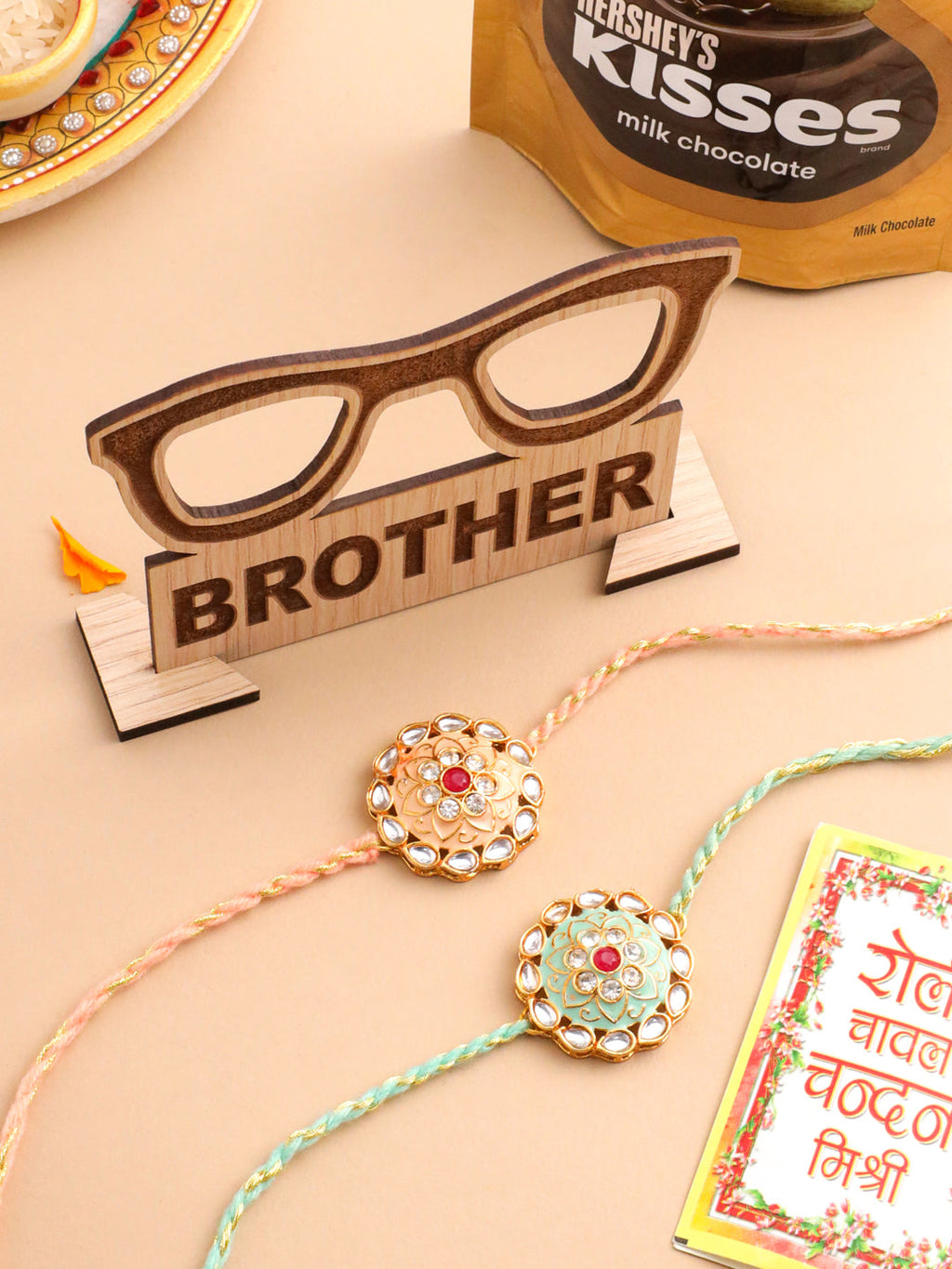 NVR Men Set of 2 Peach & Green Kundan Studded Round Floral Design Rakhi Combo - Distacart