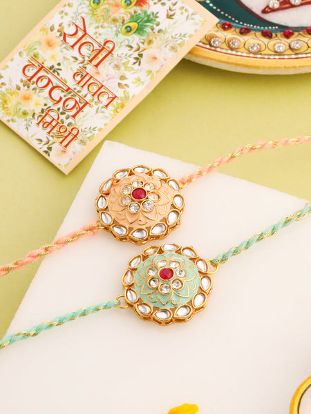NVR Men Set of 2 Peach & Green Kundan Studded Round Floral Design Rakhi with Roli Chawal Chandan & Mishri