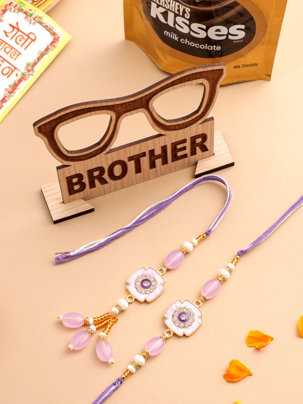 NVR Set of 2 Purple Artificial Stones & Beads Floral Design Thread Bhaiya Bhabhi Rakhi Combo - Distacart