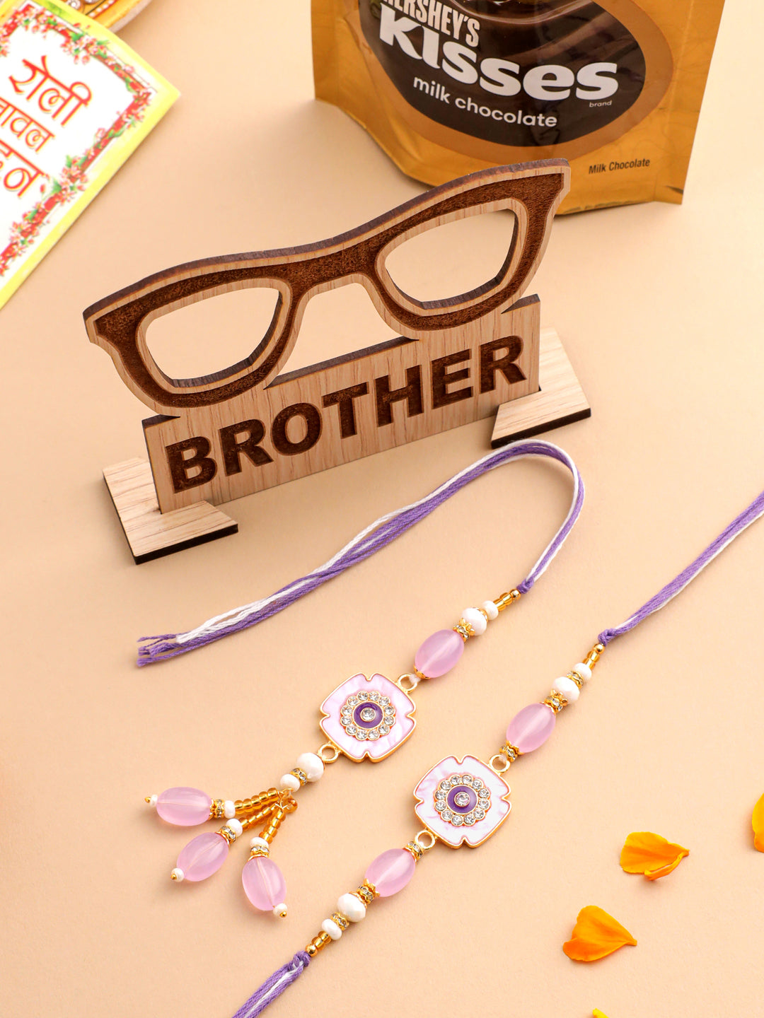 NVR Set of 2 Purple Artificial Stones & Beads Floral Design Thread Bhaiya Bhabhi Rakhi Combo - Distacart