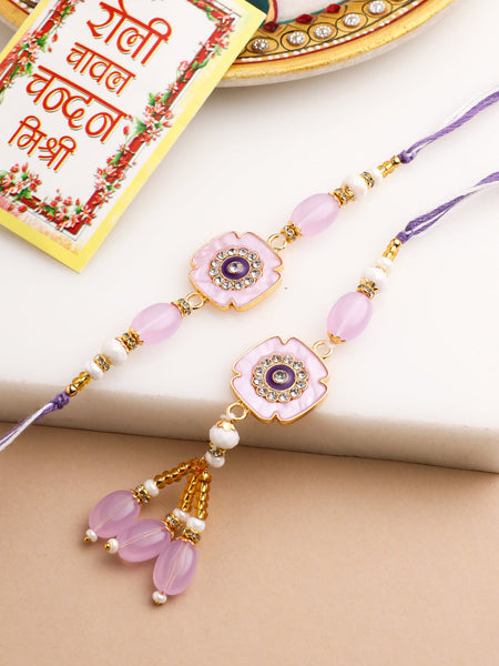 NVR Set of 2 Purple Artificial Stones & Beads Floral Design Thread Bhaiya Bhabhi Rakhi with Roli Chawal Chandan & Mishri