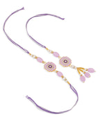 NVR Set of 2 Purple Artificial Stones & Beads Floral Design Thread Bhaiya Bhabhi Rakhi with Roli Chawal Chandan & Mishri - Distacart