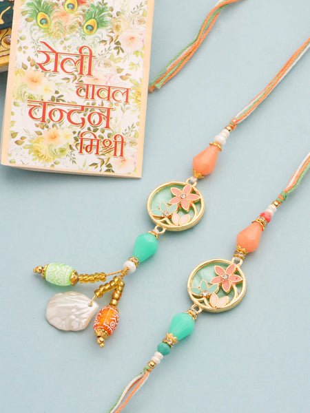 NVR Set of 2 Multicolor Artificial Beads Traditional Bhaiya Bhabhi Pair Rakhi Set with Roli Chawal Chandan & Mishri