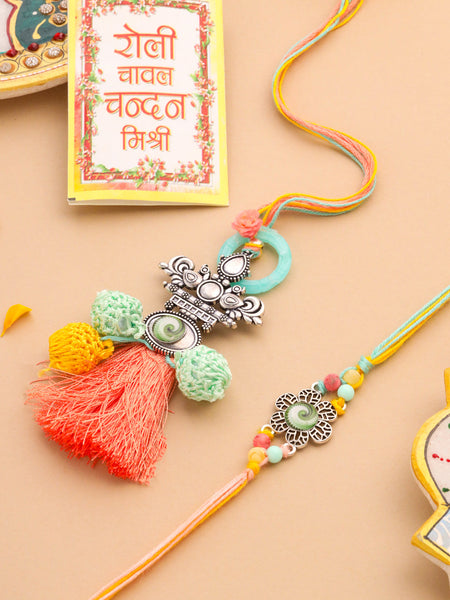NVR Set of 2 Artificial Beads Traditional Bhaiya Bhabhi Pair Rakhi Set with Roli Chawal Chandan & Mishri