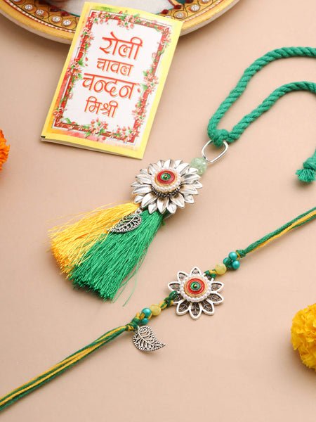 NVR Set of 2 Green Pearls Bhaiya Bhabhi Thread Rakhi with Roli Chawal Chandan & Mishri