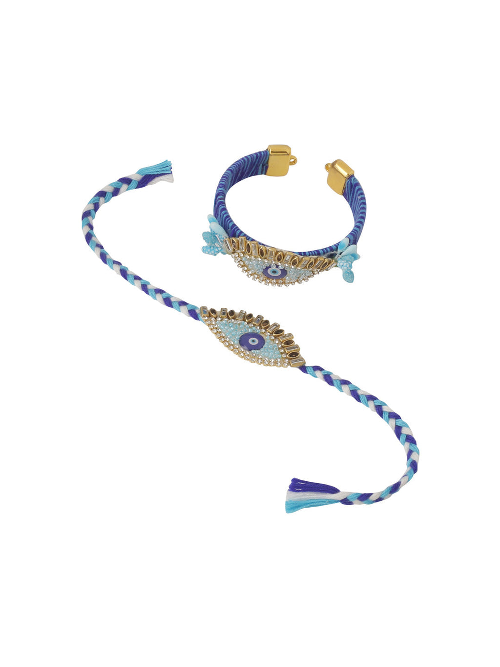 NVR Set of 2 Blue Evil Eye & Kundan Studded Handcrafted Bhaiya Bhabhi Rakhi Combo - Distacart