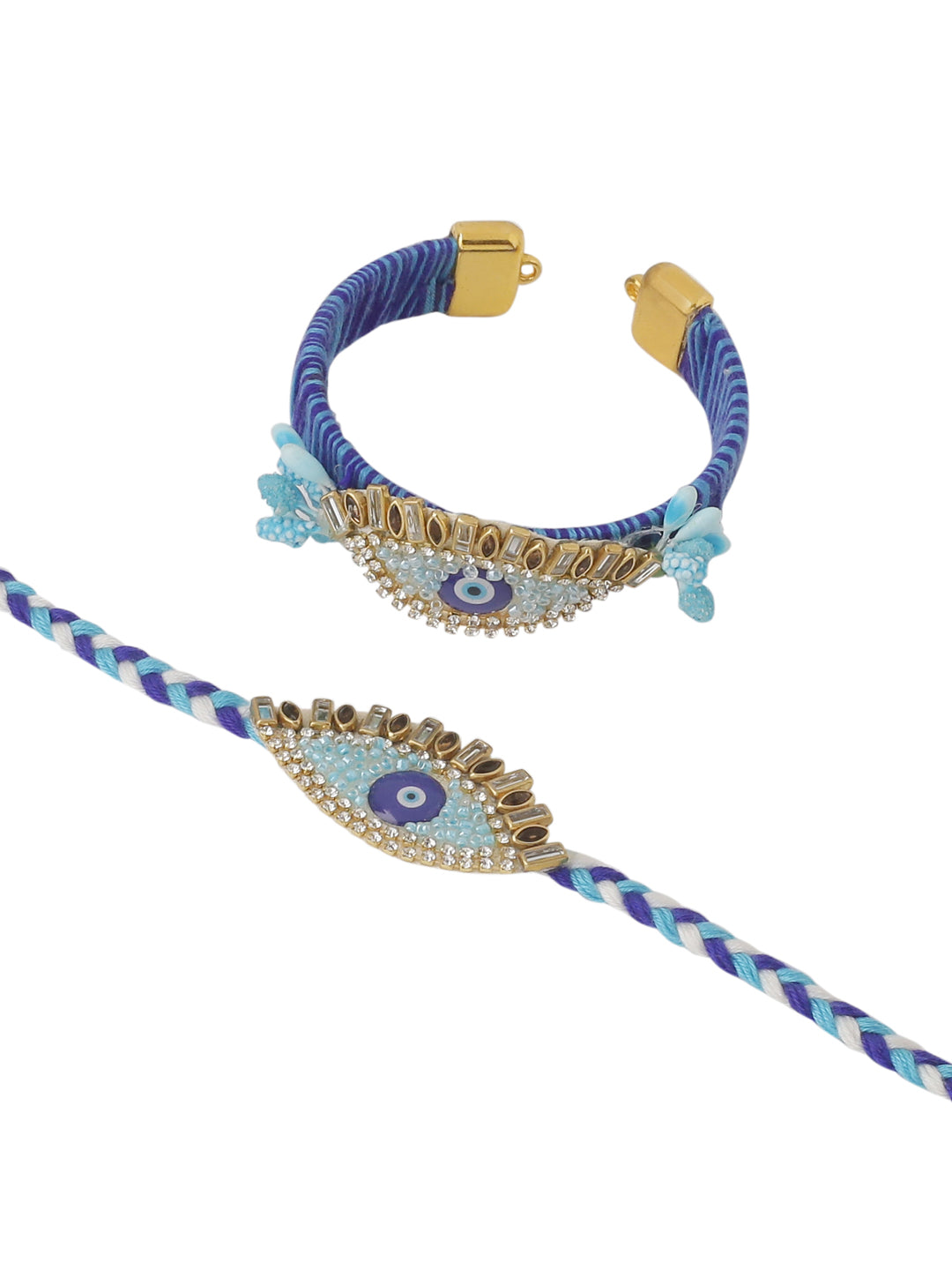 NVR Set of 2 Blue Evil Eye & Kundan Studded Handcrafted Bhaiya Bhabhi Rakhi with Roli Chawal Chandan & Mishri - Distacart