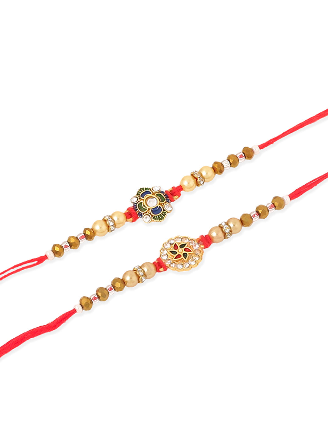 NVR Men Set of 2 Red & Gold Floral Design Artificial Stones & Beads Thread Rakhi Combo - Distacart