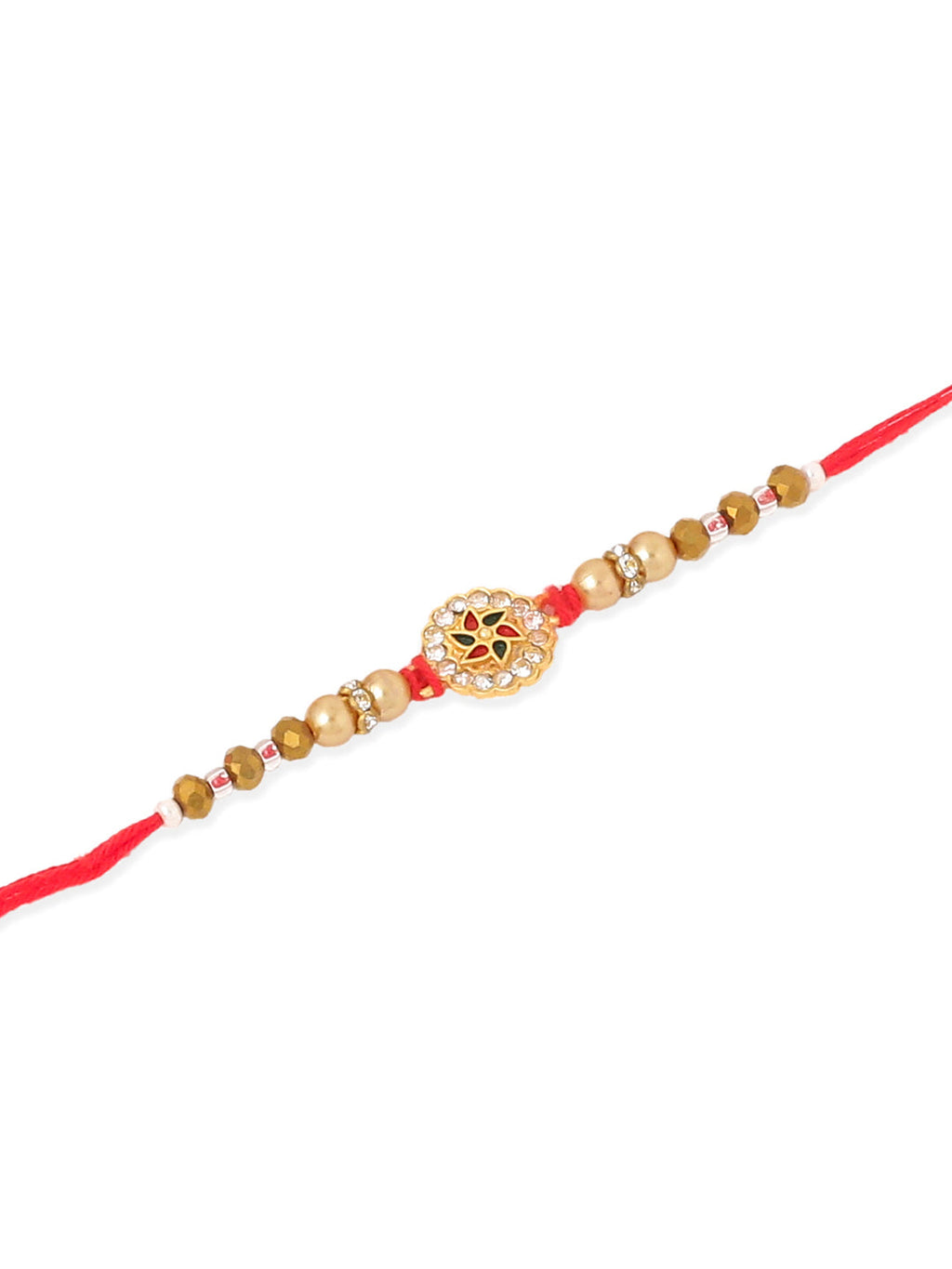 NVR Men Set of 2 Red & Gold Floral Design Artificial Stones & Beads Thread Rakhi With Roli Chawal Chandan & Mishri - Distacart
