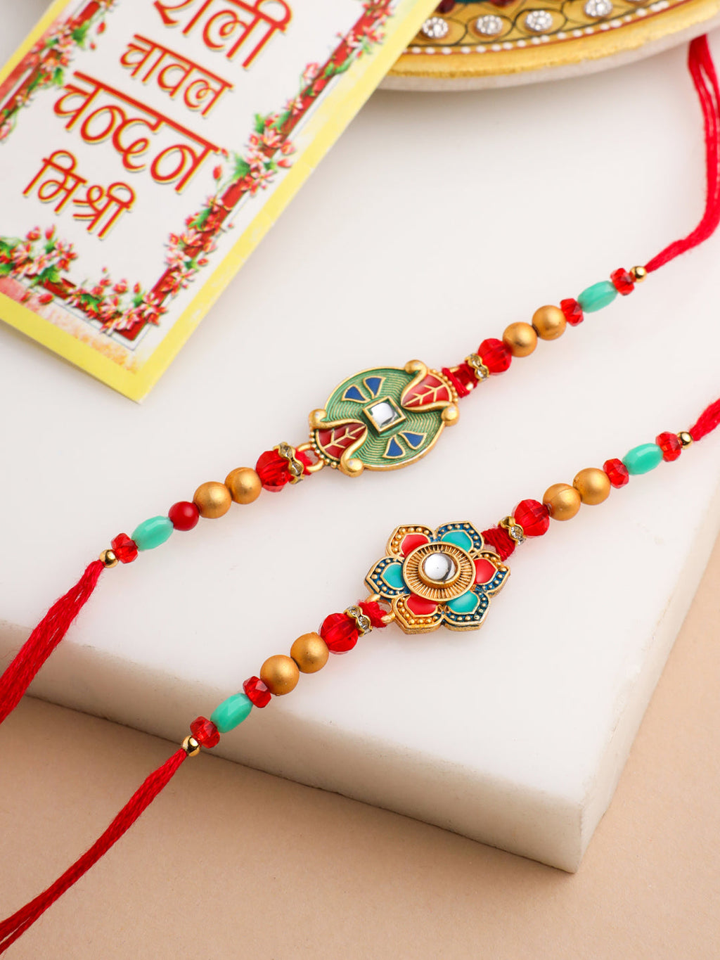NVR Men Set of 2 Floral Design Red Artificial Stones & Beads Thread Rakhi With Roli Chawal Chandan & Mishri - Distacart