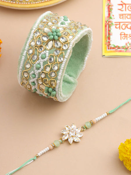 NVR Set of 2 Green Artificial Stones Bhaiya Bhabhi Rakhi With Roli Chawal Chandan & Mishri