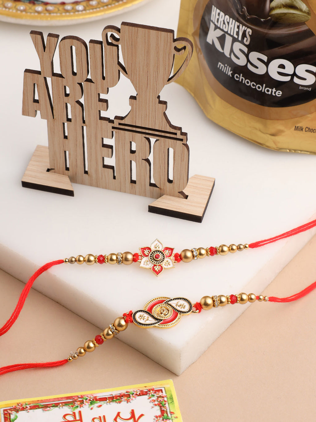 NVR Men Set of 2 Red & Gold Floral Design Artificial Beads Thread Rakhi Combo - Distacart