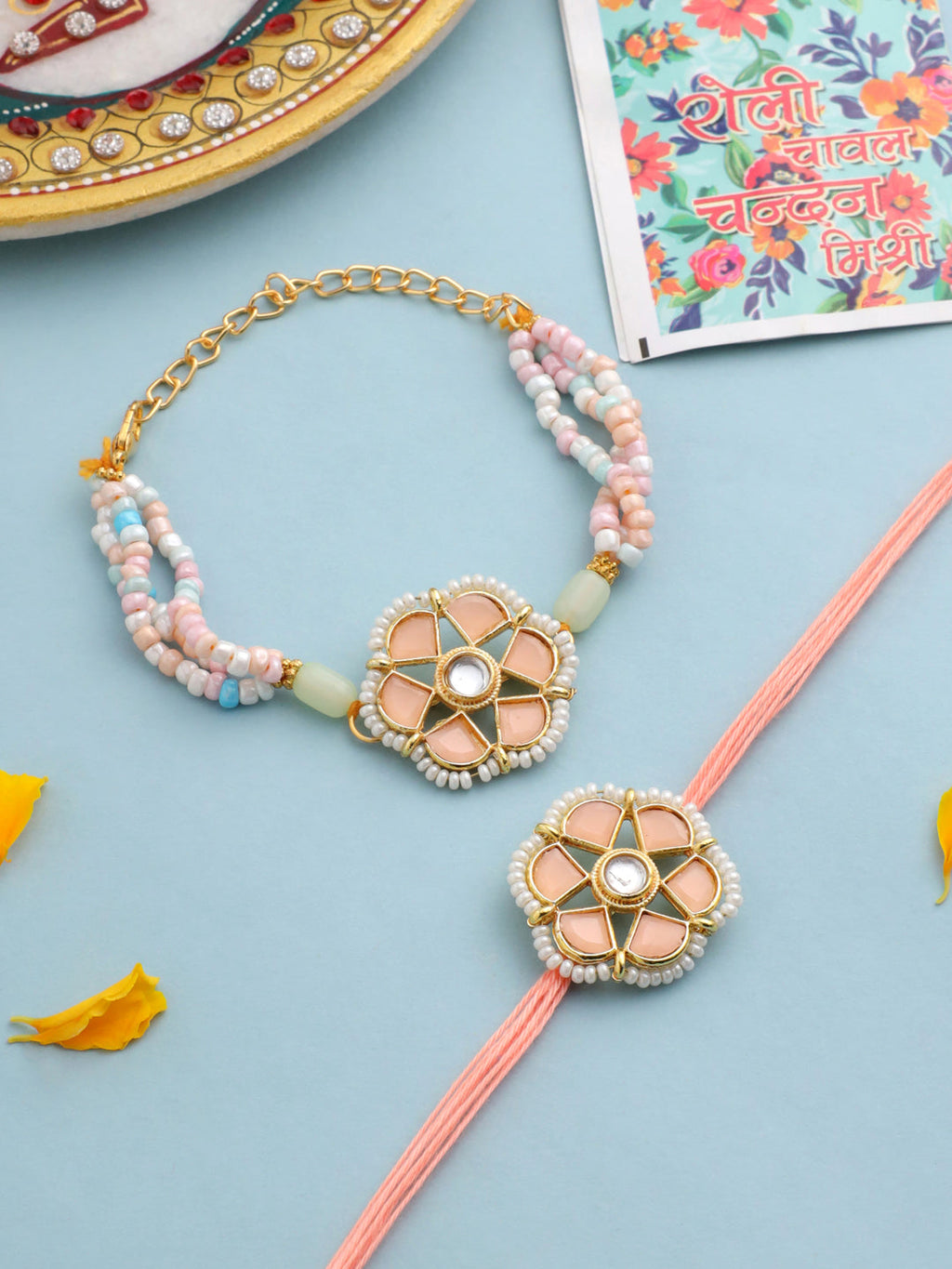 NVR Set of 2 Peach Color Artificial Stones & Pearls Bhaiya Bhabhi Rakhi With Roli Chawal Chandan & Mishri - Distacart