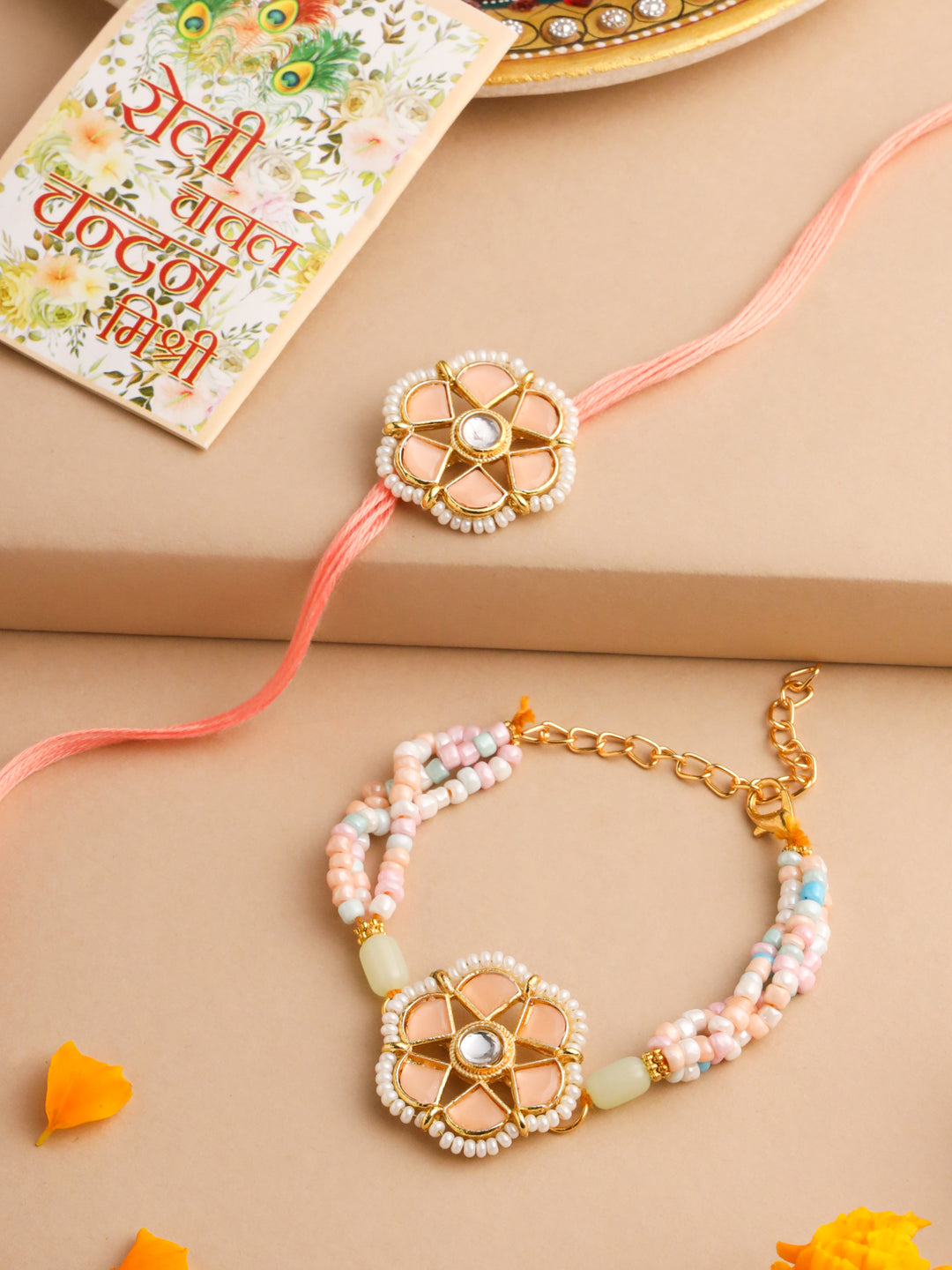 NVR Set of 2 Peach Color Artificial Stones & Pearls Bhaiya Bhabhi Rakhi With Roli Chawal Chandan & Mishri - Distacart