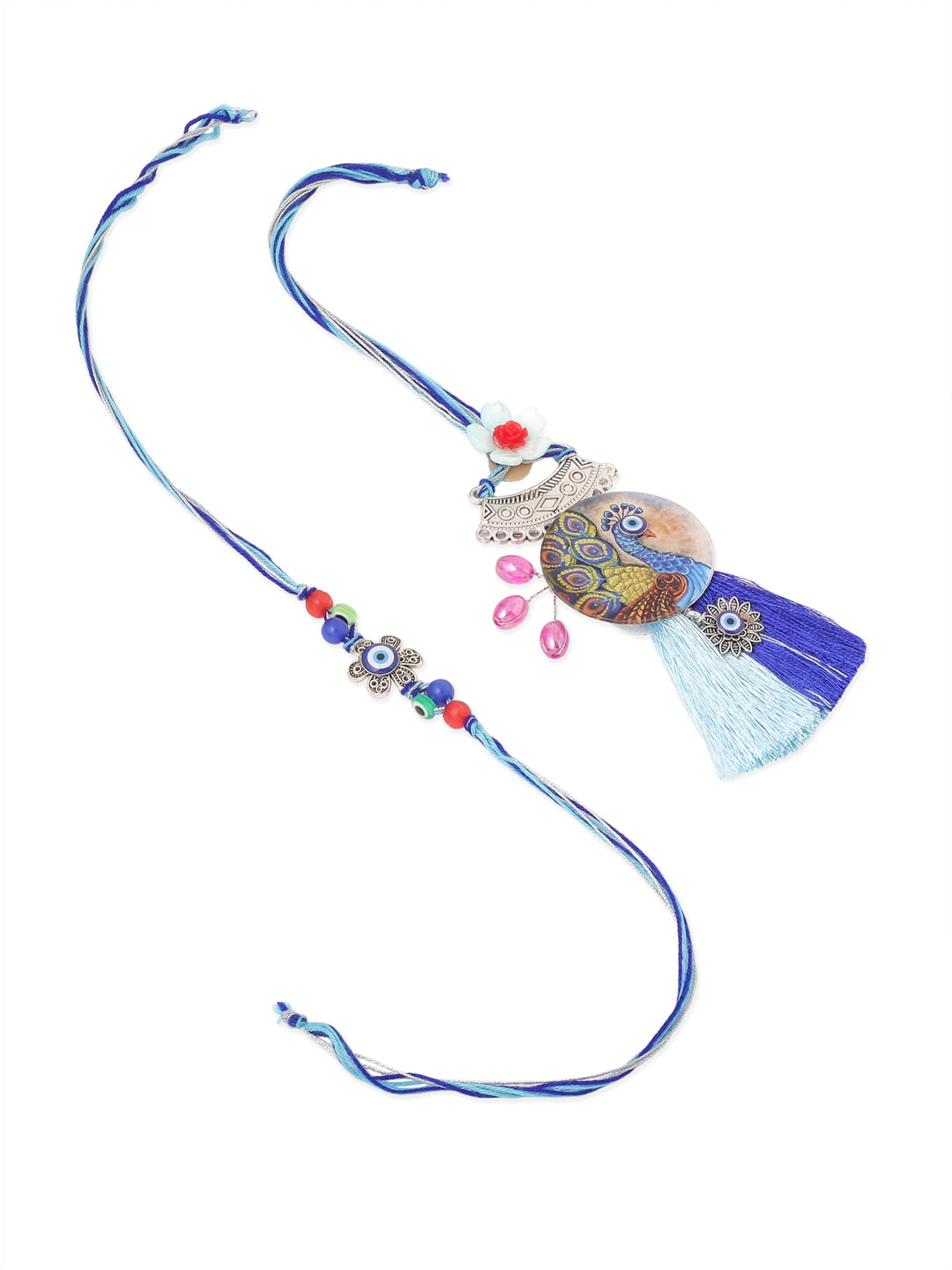 NVR Set of 2 Blue Evil Eye & Peacock Design Artificial Beads Bhaiya Bhabhi Rakhi Combo - Distacart