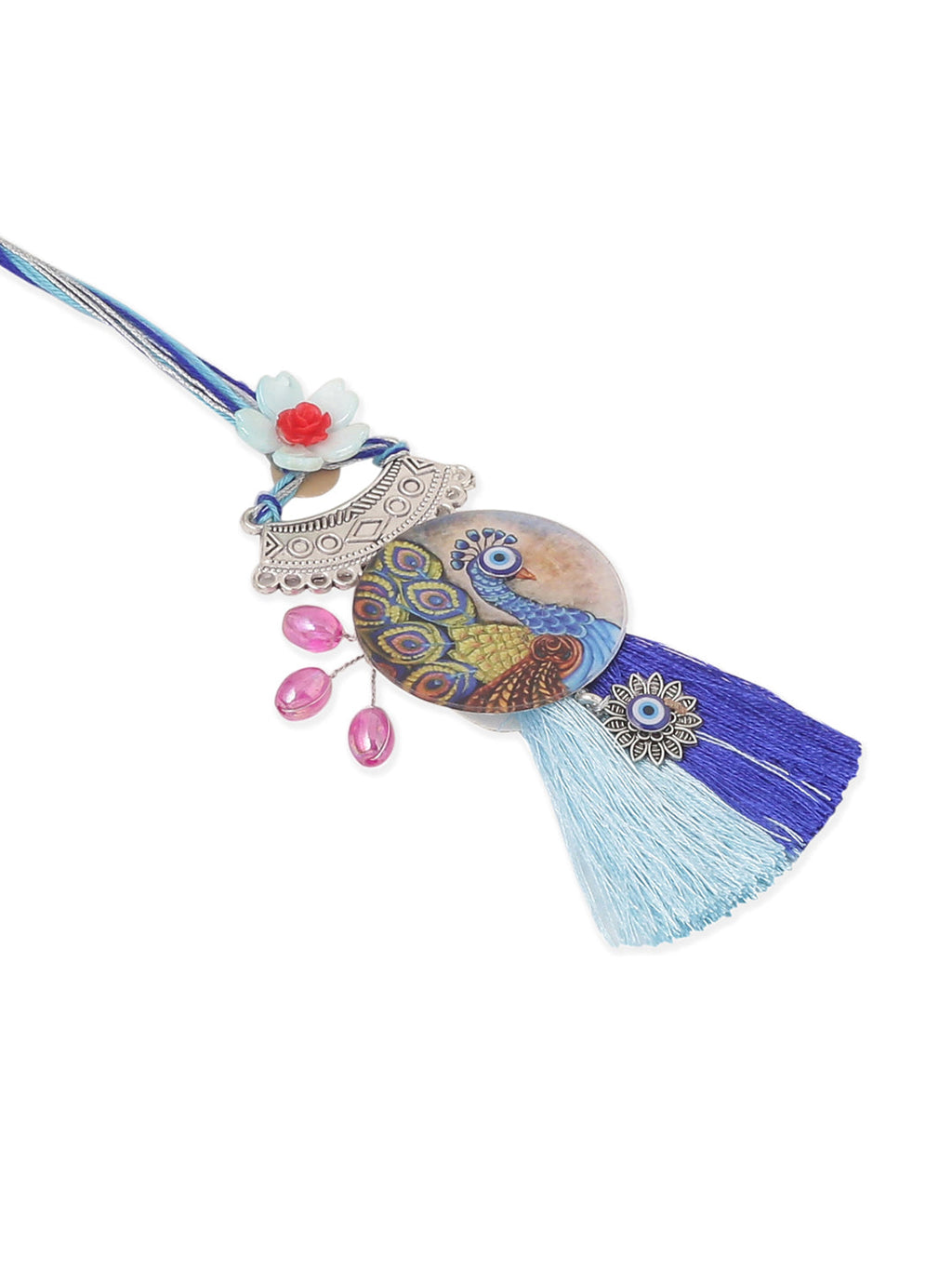 NVR Set of 2 Blue Evil Eye & Peacock Design Artificial Beads Bhaiya Bhabhi Rakhi Combo - Distacart