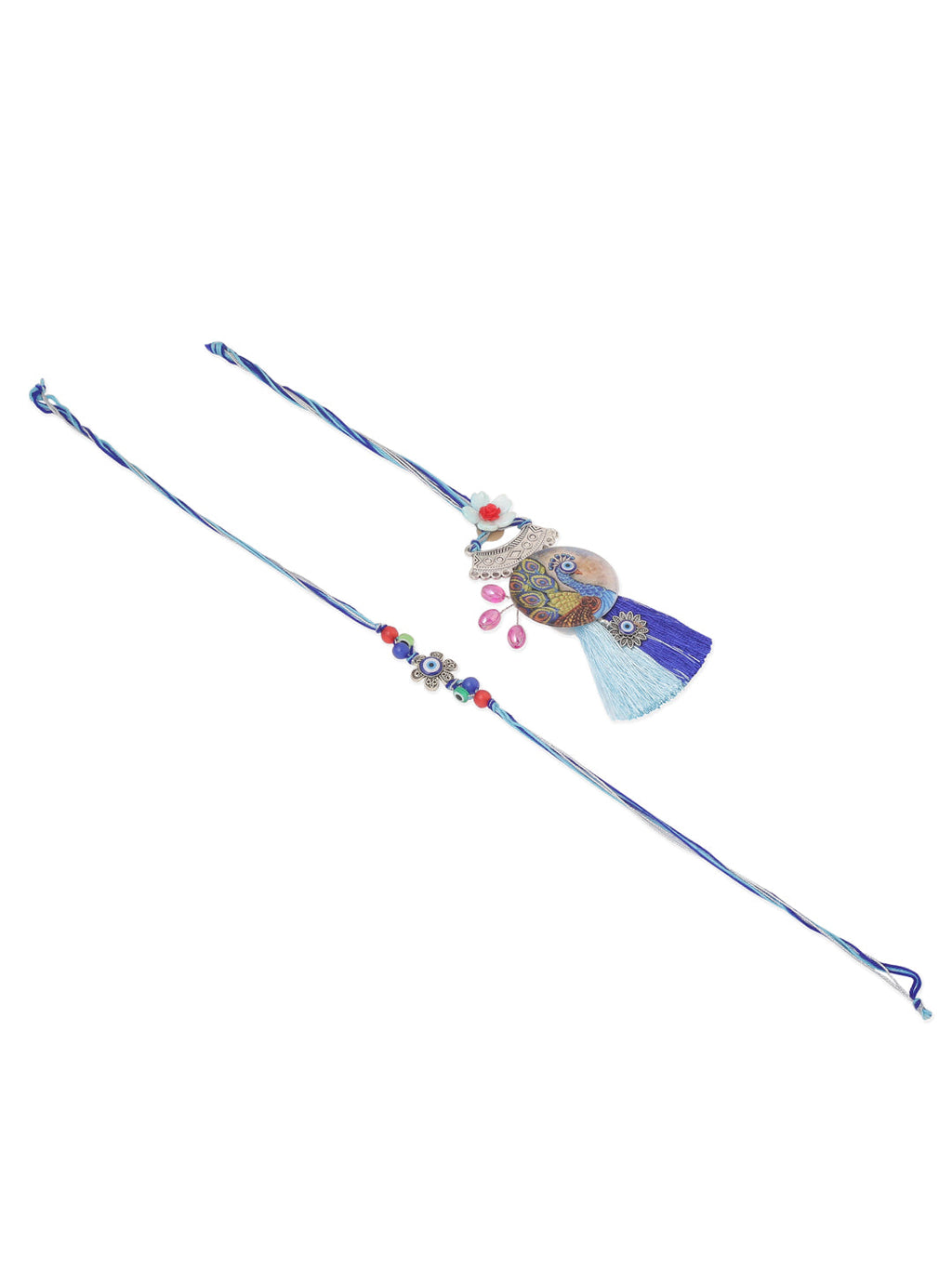 NVR Set of 2 Blue Evil Eye & Peacock Design Artificial Beads Bhaiya Bhabhi Rakhi Combo - Distacart